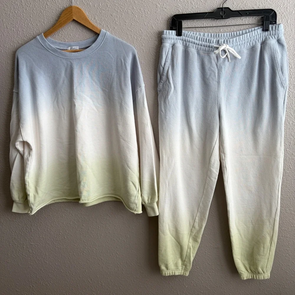 Rails Reeves & Kingston Sweatshirt Sweatpants Set Blue Mint Dip Dye L